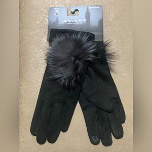 London Fog Womens Black Soft Suede Feel Pom Pom Touchscreen Luxury Gloves NEW OS